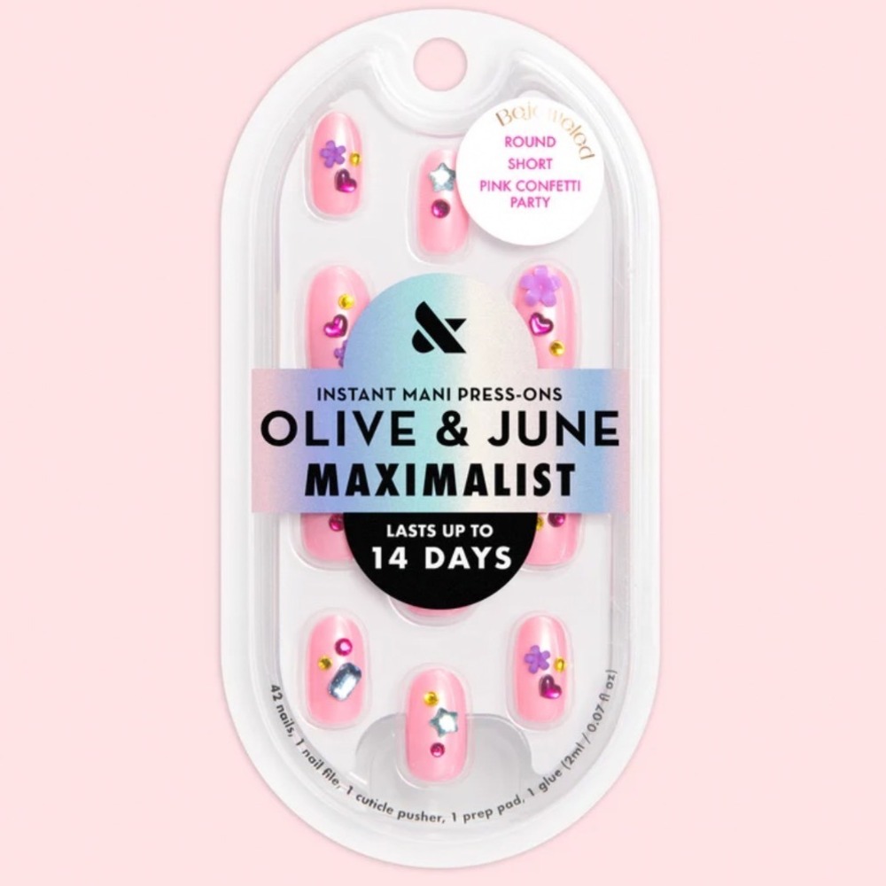 Olive & June Maximalist Press On Nails Bejeweled Pink Confetti Party Round Short